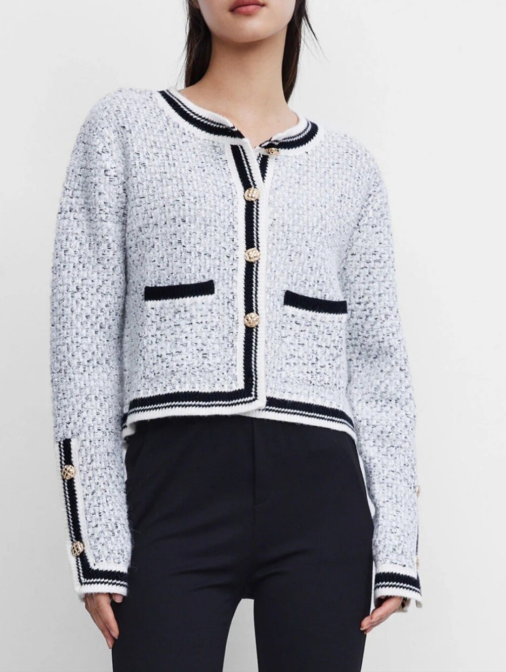 Urban Revivo Cardigan Sweater in White with Black Trim